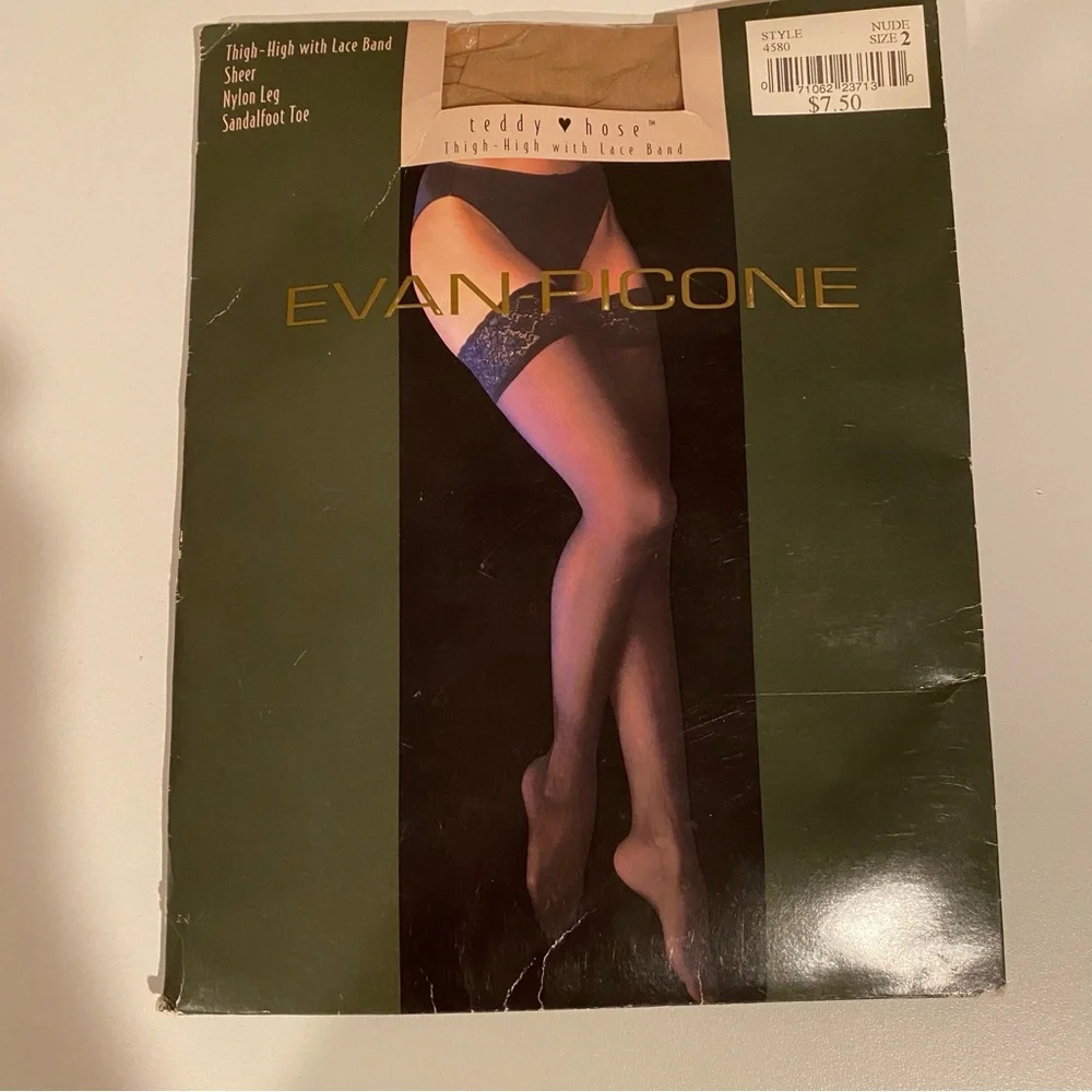 Evan Picone Vintage NWT Nude Teddy Hose Thigh High with‎ Lace Band